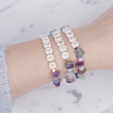 Load image into Gallery viewer, 24K gold plated natural freeform fluorite natural precious stone healing stone gold plated bracelet pearl shimmer gold letter beads word on wrist
