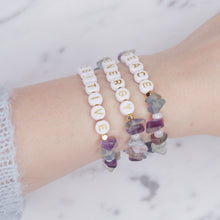 Load image into Gallery viewer, 24K gold plated natural freeform fluorite natural precious stone healing stone gold plated bracelet pearl shimmer gold letter beads word on wrist