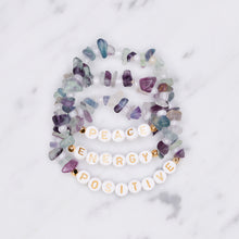 Load image into Gallery viewer, 24K gold plated natural freeform fluorite natural precious stone healing stone gold plated bracelet pearl shimmer gold letter beads word on marble
