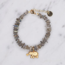 Load image into Gallery viewer, Natural labradorite 24k matte gold plated elephant charm chain fasten lobster clasp bracelet womens jewellery gift healing stones precious stone healing properties on marble