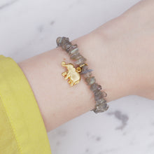 Load image into Gallery viewer, Natural labradorite 24k matte gold plated elephant charm chain fasten lobster clasp bracelet womens jewellery gift healing stones precious stone healing properties on wrist yellow shirt
