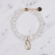 Load image into Gallery viewer, natural rainbow moonstone precious stone with healing properties bracelet fasten chain lobster clap face visage charm 24k gold plated jewellery gifts for women presents on marble