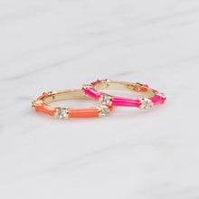 Load image into Gallery viewer, neon orange pink enamel cubic zirconia stacking rings thin bands gold great gifts for women on marble