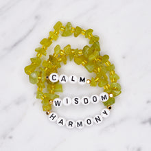 Load image into Gallery viewer, 24K gold plated olive jade green natural precious stone healing stone gold plated bracelet pearl shimmer black letter beads word on marble