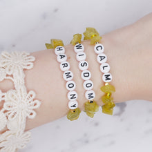 Load image into Gallery viewer, 24K gold plated olive jade green natural precious stone healing stone gold plated bracelet pearl shimmer black letter beads word on wrist
