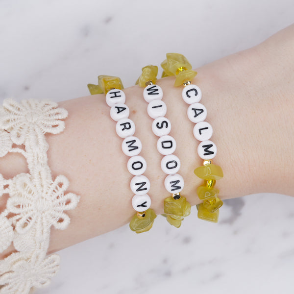 24K gold plated olive jade green natural precious stone healing stone gold plated bracelet pearl shimmer black letter beads word on wrist