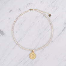 Load image into Gallery viewer, button pearls and matte gold plated greek pendant head double sided coin necklace wire lobster clasp on marble