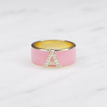 Load image into Gallery viewer, baby pink enamel cubic zirconia ring gold initial letter a-z on marble