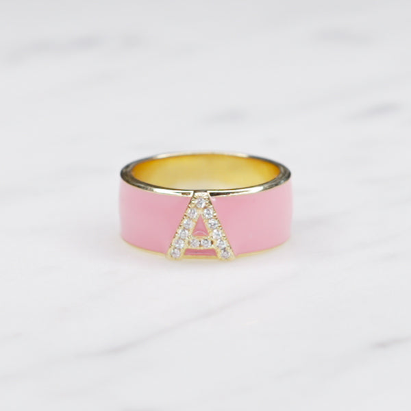 baby pink enamel cubic zirconia ring gold initial letter a-z on marble