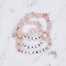 Load image into Gallery viewer, 24k gold plated pink Peruvian opal natural stone healing bracelet gold plated personalised affirmation custom healing bracelet gold plated word phrase chip beads on marble