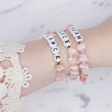 Load image into Gallery viewer, 24k gold plated pink Peruvian opal natural stone healing bracelet gold plated personalised affirmation custom healing bracelet gold plated word phrase chip beads on wrist
