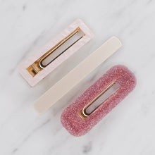 Load image into Gallery viewer, pink glitter pearlised resin hair barrette clips 3 different shapes hair slides marble top down