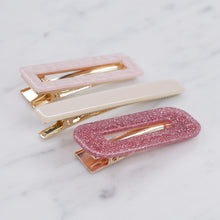 Load image into Gallery viewer, pink glitter pearlised resin hair barrette clips 3 different shapes hair slides marble