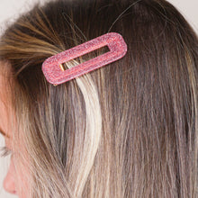 Load image into Gallery viewer, pink glitter pearlised resin hair barrette clips 3 different shapes hair slides in blonde girls hair