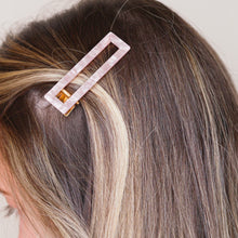 Load image into Gallery viewer, pink glitter pearlised resin hair barrette clips 3 different shapes hair slides marble top down pearlised in blonde girls hair