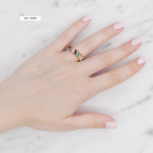 Load image into Gallery viewer, red tones multicolour rainbow colourful eternity ring baguette slanted rectangle cubic zirconia micro pave crystal shiny ring on finger
