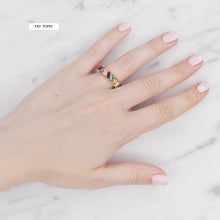 Load image into Gallery viewer, red tones multicolour rainbow colourful eternity ring baguette slanted rectangle cubic zirconia micro pave crystal shiny ring on finger