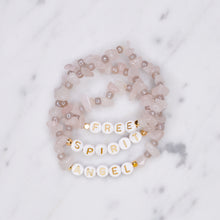 Load image into Gallery viewer, 24K gold plated rose quartz natural precious stone healing stone gold plated bracelet pearl shimmer gold letter beads word on marble
