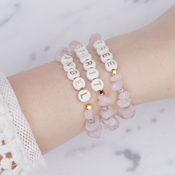 24K gold plated rose quartz natural precious stone healing stone gold plated bracelet pearl shimmer gold letter beads word on wrist jewellery gifts for women