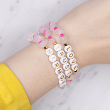 Load image into Gallery viewer, 24K gold plated rose quartz neon pink natural precious stone healing stone gold plated bracelet pearl shimmer gold letter beads word on wrist yellow shirt women's jewellery gifts
