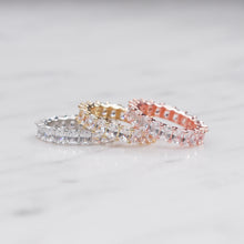 Load image into Gallery viewer, silver gold rose gold eternity ring baguette rectangle cubic zirconia micro pave crystal shiny rings three on marble