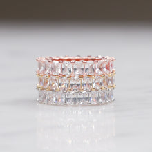 Load image into Gallery viewer, silver gold rose gold eternity ring baguette rectangle cubic zirconia micro pave crystal shiny rings three stacked on marble