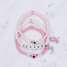 Load image into Gallery viewer, breast cancer awareness bracelets pink ribbon bright pink light pink rondelle sparkle painted glass bead elastic bracelets stretchy brave breast cancer survivor opal resin silver plated acrylic beads on marble
