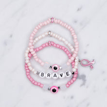 Load image into Gallery viewer, breast cancer awareness bracelets pink ribbon bright pink light pink rondelle sparkle painted glass bead elastic bracelets stretchy brave breast cancer survivor opal resin silver plated acrylic beads on marble