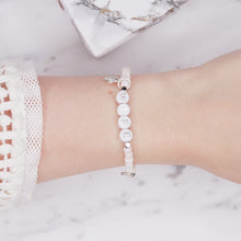 Load image into Gallery viewer, wife wedding bracelet white shimmer platinum plated charms silver plated beads rondelle sparkly painted beaded stretch elastic bracelet on wrist