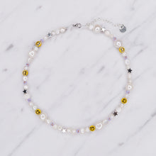 Load image into Gallery viewer, yellow smiley face freshwater pearls different sizes smiley dude sterling silver star Swarovski crystal purple necklace affordable womens jewellery gifts