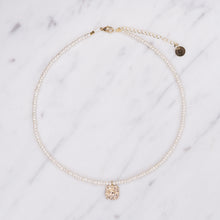 Load image into Gallery viewer, tiny freshwater 3mm pearls 18k gold plated angel pendant square necklace on wire on marble fine affordable jewellery gifts for women