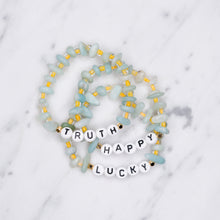 Load image into Gallery viewer, 24K gold plated turquoise and yellow amazonite natural precious stone healing stone gold plated bracelet pearl shimmer black letter beads word on marble
