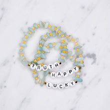 Load image into Gallery viewer, 24K gold plated turquoise and yellow amazonite natural precious stone healing stone gold plated bracelet pearl shimmer black letter beads word on marble