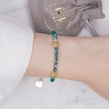 Load image into Gallery viewer, turquoise marine Swarovski crystal 24k matte gold plated 3 trio fish bracelet 4mm crystals wire on marble fine affordable jewellery gifts for women on wrist

