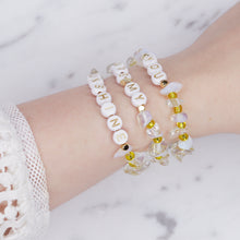 Load image into Gallery viewer, white opal and clear crystal quartz yellow natural precious stone healing bracelet 24k gold plated on marble &#39;you are my sunshine&#39; custom personalised word phrase fine affordable jewellery on wrist
