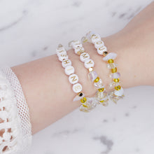 Load image into Gallery viewer, white opal and clear crystal quartz yellow natural precious stone healing bracelet 24k gold plated on marble 'you are my sunshine' custom personalised word phrase fine affordable jewellery on wrist