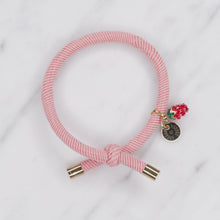 Load image into Gallery viewer, charm hair bands hair ties various colours enamel red strawberry with tag on jewellery pink on marble