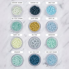 Load image into Gallery viewer, greens blues navy painted bead colour choice for stretch bracelets honeydew shimmer midnight sky beach blue sea glass shimmer olive green happy sky celery ice sea foam aquamarine spearmint air force blue iced blue shimmer on marble