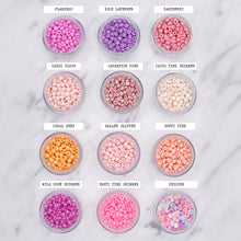 Load image into Gallery viewer, pink orange purple unicorn shimmer pearlised painted bead colours choice names flamingo rich lavender raspberry candy floss carnation pink cloud pink shimmer coral reef ballet slipper dusty pink wild rose shimmer party pink shimmer unicorn on marble