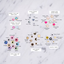Load image into Gallery viewer, spacer beads accent feature beads enamel evil eyes blue pink gold silver silver plated beads big star little star crown heart evil eye enamel gold plated beads light pink star champagne neon pink heart white star aqua star champagne heart neon pink star resin evil eye beads gold plated beads heart matte crown big star small star evil eye flower moon dented heart acrylic plastic beads black heart smiley face yellow gold heart outline gold tar white heart gold filled heart on marble