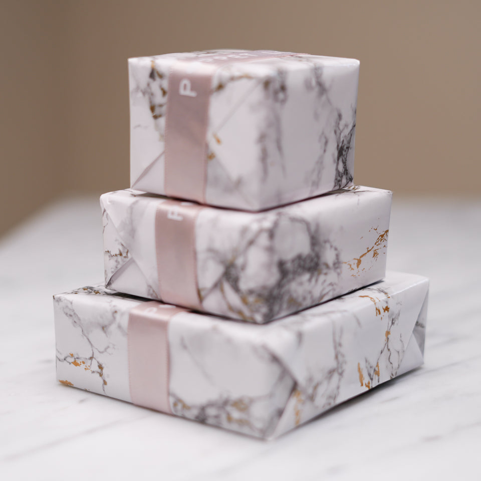 Marble gift wrapping with dusty pink ribbon poppet london 3 size jewellery boxes stacked