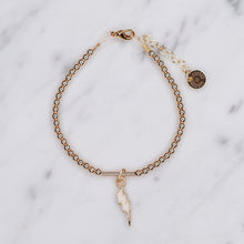 Load image into Gallery viewer, 14k gold filled beads 3mm gold filled bar lightning bolt champagne enamel 24k gold plated wire bracelet with tag and chain
