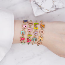Load image into Gallery viewer, 14K gold filled beaded stretch elastic bracelet gold initials words custom personalised enamel coloured letterson wrist
