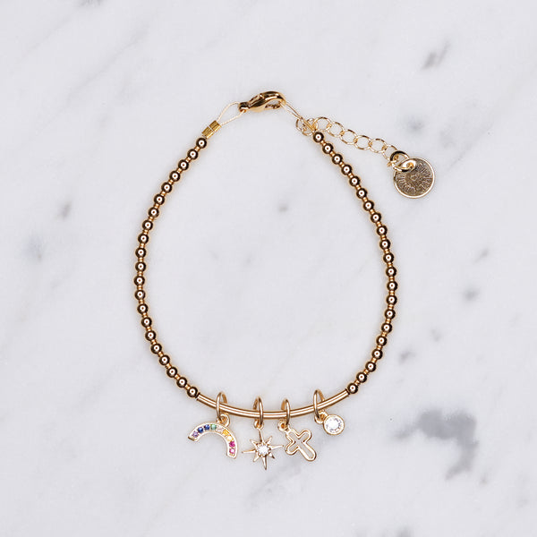14k gold filled beaded micro charm bar bracelet on wire chain bracelet with jewellery tag rainbow cubic zirconia 8 point star outline cross zirconia droplet drop dangling loose 24K