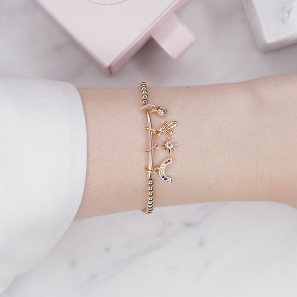 14k gold filled beaded micro charm bar bracelet on wire chain bracelet with jewellery tag rainbow cubic zirconia 8 point star outline cross zirconia droplet drop dangling loose 24K on wrist