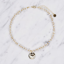 Load image into Gallery viewer, 14k gold plated smiley face big charm star eye white opal and clear crystal quartz chain necklace natural stone healing crystals micro gold beads necklace lobster clasp
