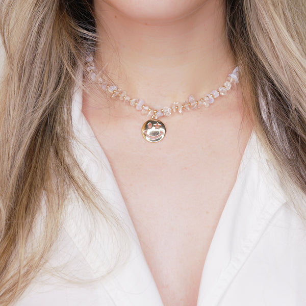 14k gold plated smiley face big charm star eye white opal and clear crystal quartz chain necklace natural stone healing crystals micro gold beads necklace on neck blonde girl