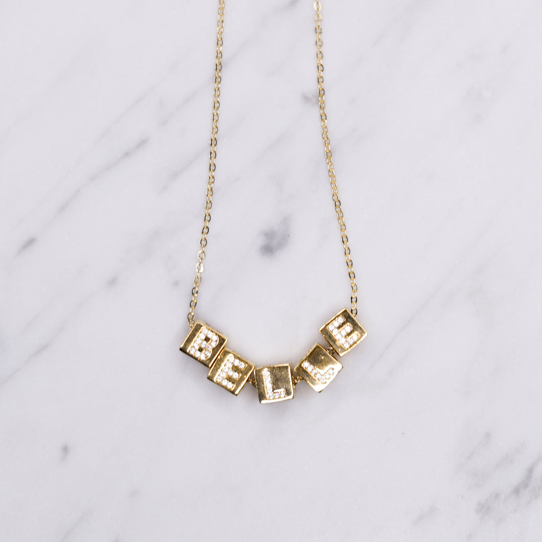 24k gold plated custom word belle micro pave block chain necklace building blocks personalised word