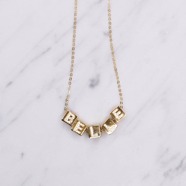 24k gold plated custom word belle micro pave block chain necklace building blocks personalised word