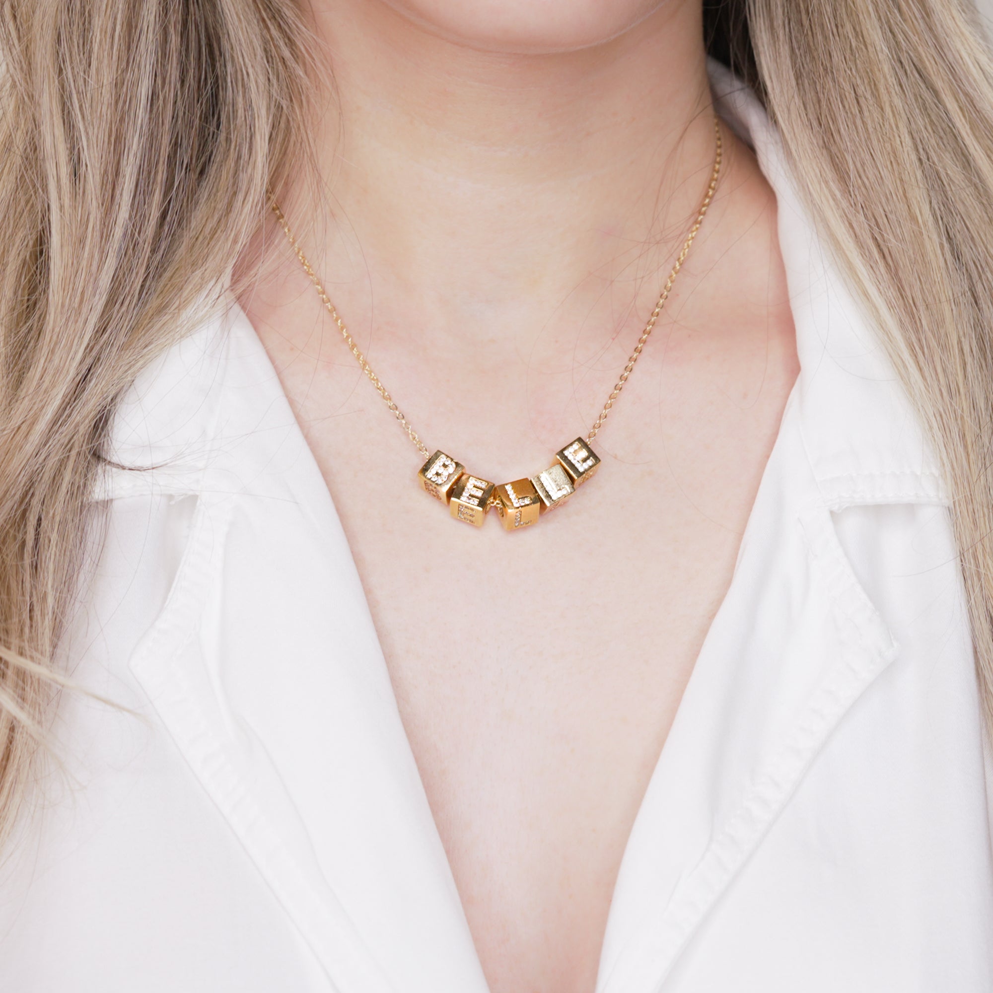 24K Gold Plated Custom Word Pave Block Chain Necklace Poppet London